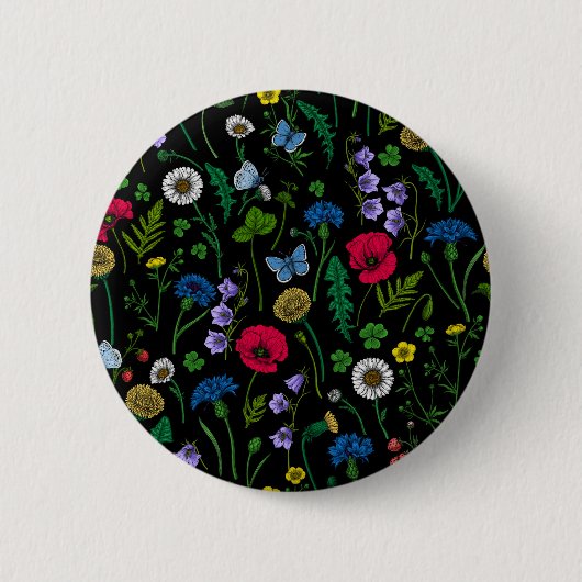 Wilde bloemen op zwart ronde button 5,7 cm (Voorkant)