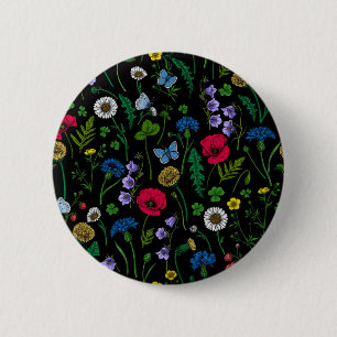 Wilde bloemen op zwart ronde button 5,7 cm