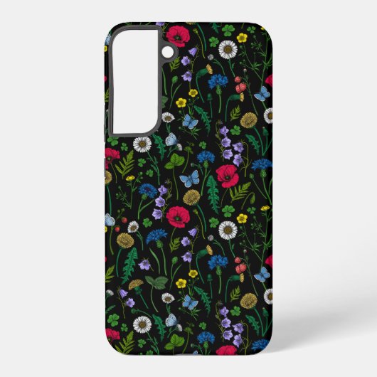 Wilde bloemen op zwart samsung galaxy hoesje (Achterkant)