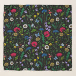 Wilde bloemen op zwart sjaal<br><div class="desc">Met de hand geschilderd collectie van diverse wilde bloemen.</div>
