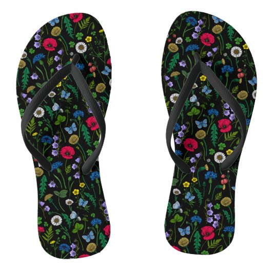 Wilde bloemen op zwart teenslippers (Voetbed)