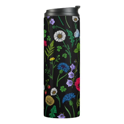 Wilde bloemen op zwart thermosbeker (Gedraaid links)