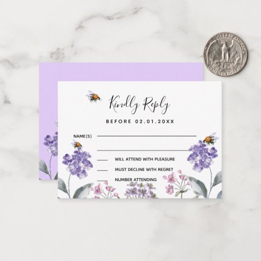 Wilde bloemen overtreden paarse trouwreactie RSVP Notitiekaartje (Voorkant / Achterkant in situ)