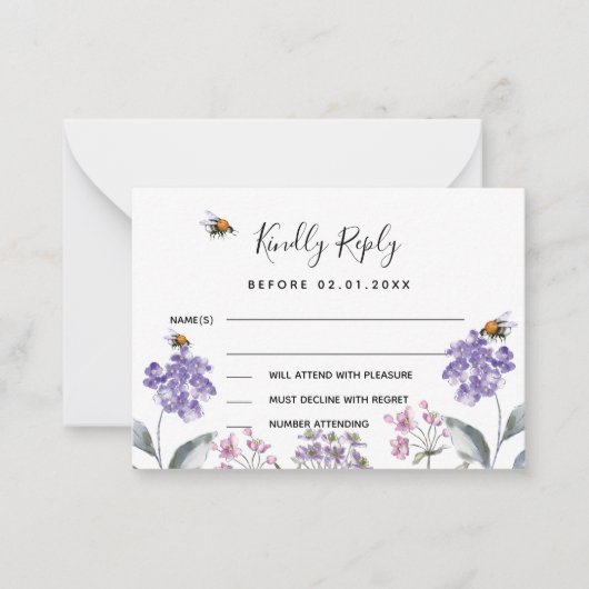 Wilde bloemen overtreden paarse trouwreactie RSVP Notitiekaartje (Voorkant)