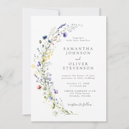 Wilde Bloemen Paarse Botanische Boog Krans Trouwen Kaart (Voorkant)