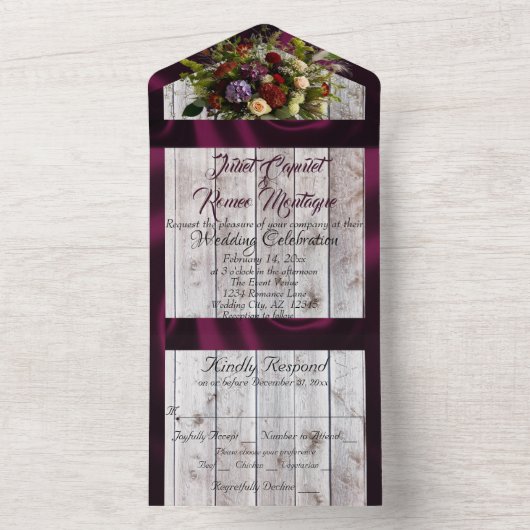 Wilde bloemen, Paarse lint en lichten All In One Uitnodiging (Binnen)