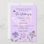 Wilde bloemen paarse roze vlinder bruiloft kaart (Voorkant)