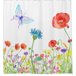wilde bloemen papaver waterverf van de weide vlind douchegordijn