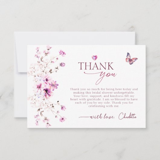 Wilde bloemen Pastel Ruby Roze Bruidsdouche Bedankkaart (Voorkant)