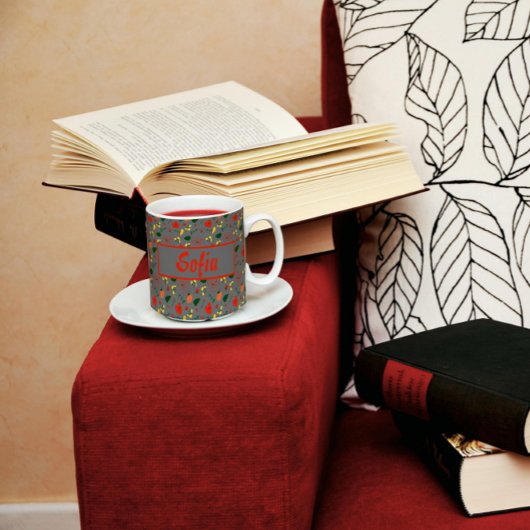 Wilde bloemen patroon rode papavergrijs koffiemok