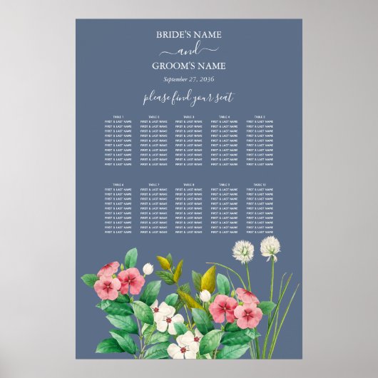 Wilde bloemen Periwinkle Blue Wedding Seating Char Poster (Voorkant)