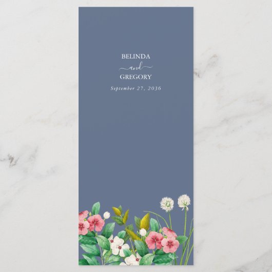 Wilde bloemen Periwinkle Dusty Blue Wedding Menu (Achterkant)