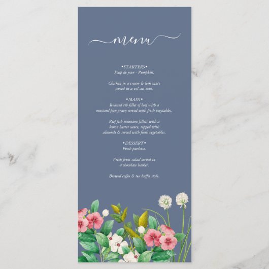 Wilde bloemen Periwinkle Dusty Blue Wedding Menu (Voorkant)
