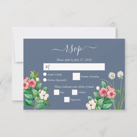 Wilde bloemen Periwinkle Dusty Blue Wedding RSVP Kaartje (Voorkant)