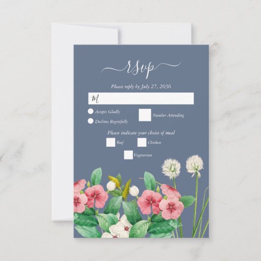 Wilde bloemen Periwinkle Dusty Blue Wedding RSVP Kaartje (Voorkant)