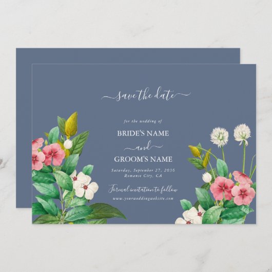 Wilde bloemen Periwinkle Dusty Blue Wedding Save The Date (Voorkant / Achterkant)
