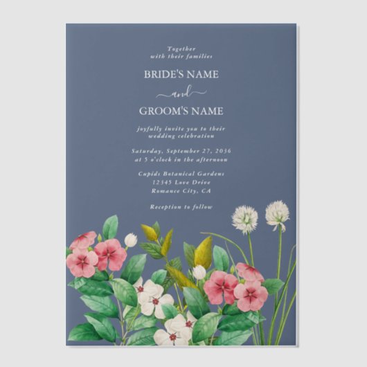Wilde bloemen Periwinkle Dusty Blue Wedding Vellum Uitnodigingen (Voorkant)