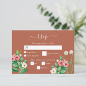 Wilde bloemen Periwinkle Oranje Terracotta Wedding RSVP Kaartje (Staand voorkant)