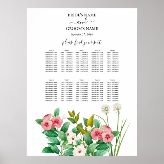 Wilde bloemen Periwinkle Wedding Seding Chart Poster (Voorkant)