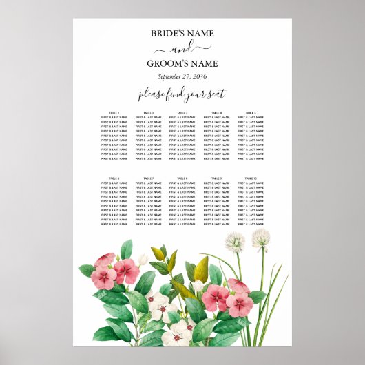 Wilde bloemen Periwinkle Wedding Seding Chart Poster (Voorkant)