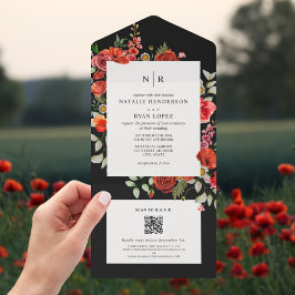 Wilde bloemen Poppy Red Floral Dark Weddenschap QR All In One Uitnodiging