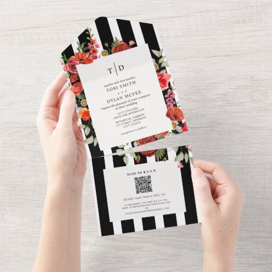Wilde bloemen Poppy Red Floral Stripe Wedding RSVP All In One Uitnodiging (Afscheurbaar)