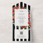Wilde bloemen Poppy Red Floral Stripe Wedding RSVP All In One Uitnodiging (Binnen)