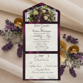 Wilde Bloemen & Pruimen Lint Bruiloft All In One Uitnodiging