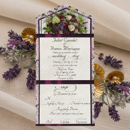 Wilde Bloemen, Pruimen Lint & Kanten Bruiloft All In One Uitnodiging