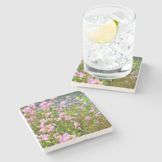 Wilde bloemen, rivier, roze, bloem stenen onderzetter (Zijkant)