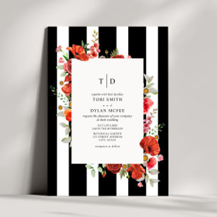 Wilde bloemen Rode Floral Black White Stripe Wedde Kaart