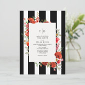 Wilde bloemen Rode Floral Black White Stripe Wedde Kaart (Staand voorkant)