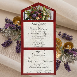 Wilde Bloemen & Rode Lint Huwelijk All In One Uitnodiging