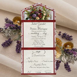 Wilde Bloemen, Rode Lint & Kanten Bruiloft All In One Uitnodiging