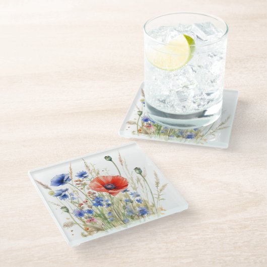 Wilde bloemen rode papaver en blauwe maïbloemen glazen onderzetter (Schuin)