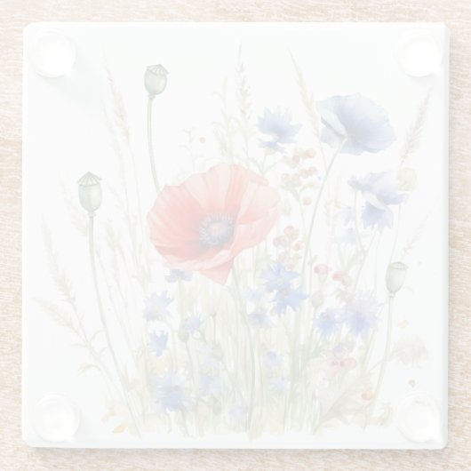 Wilde bloemen rode papaver en blauwe maïbloemen glazen onderzetter (Achterkant)