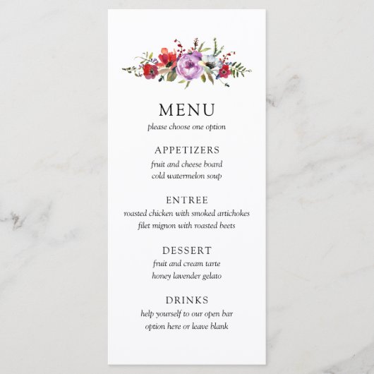 Wilde Bloemen & Romantisch Huwelijksmenu Menu (Voorkant)
