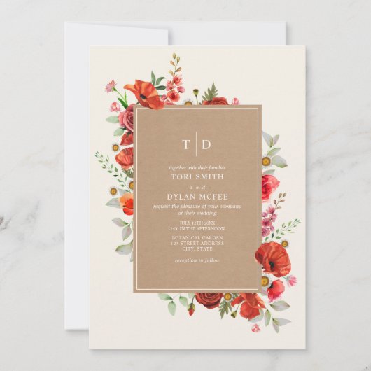 Wilde bloemen Rood flesje Botanische bruiloft Kaart (Voorkant)