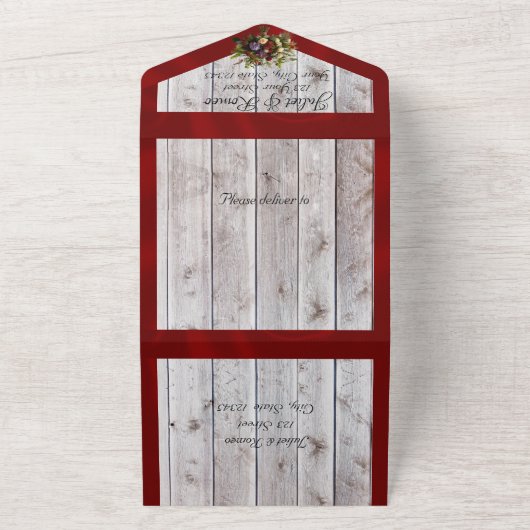 Wilde bloemen, rood lint en lichten all in one uitnodiging (Buitenkant)