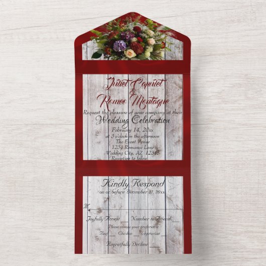 Wilde bloemen, rood lint en lichten all in one uitnodiging (Binnen)