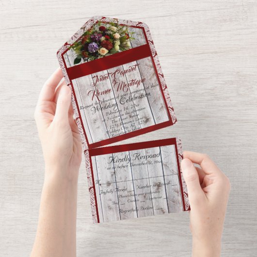 Wilde bloemen, rood lint, kant en lichten all in one uitnodiging (Afscheurbaar)