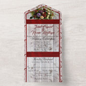 Wilde bloemen, rood lint, kant en lichten all in one uitnodiging (Binnen)