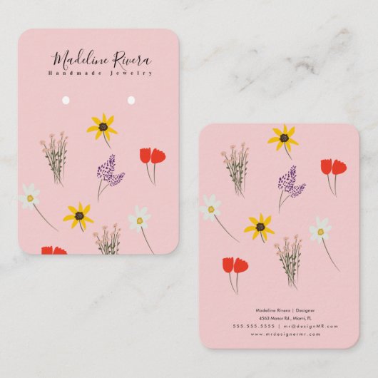 Wilde bloemen Roze handgemaakte oorscherm Kaart Contactkaartje (Voorkant / Achterkant)