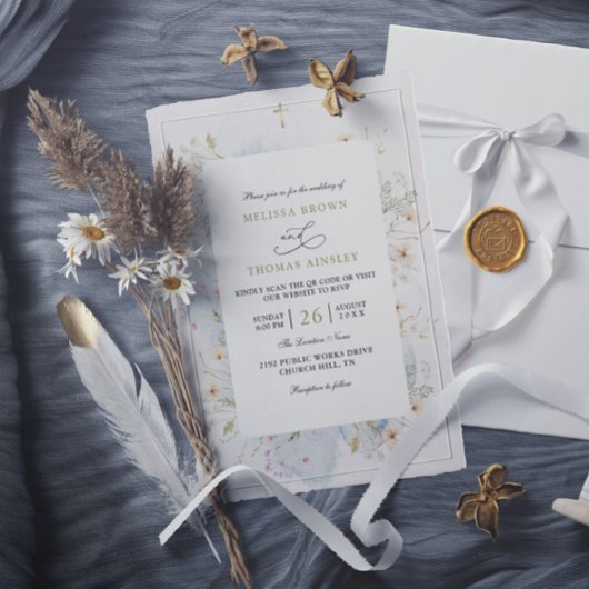 Wilde Bloemen Rustieke Elegante Budget QR Code Bru Kaart