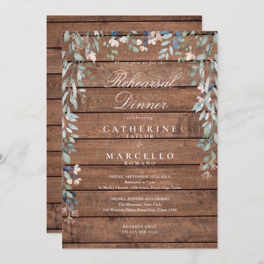 Wilde Bloemen Rustieke Houten Oefenavondmaal Kaart (Voorkant / Achterkant)