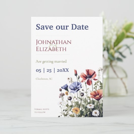 Wilde bloemen save the date (Staand voorkant)