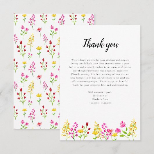 Wilde bloemen Script Danken na de begrafenis Aquar Bedankkaart (Voorkant / Achterkant)