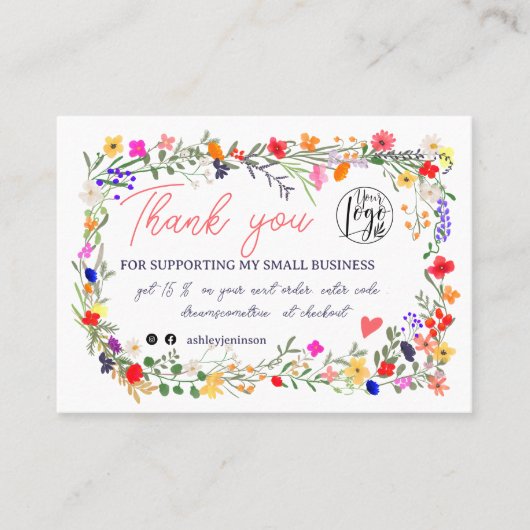 Wilde bloemen scriptvolgorde logo dank u qr visitekaartje (Voorkant)