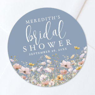 Wilde Bloemen Stof Blauw Bruidsdouche Ronde Sticker