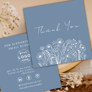 Wilde Bloemen Stofblauw Boho Bestelling Bedankt Vierkante Visitekaartje